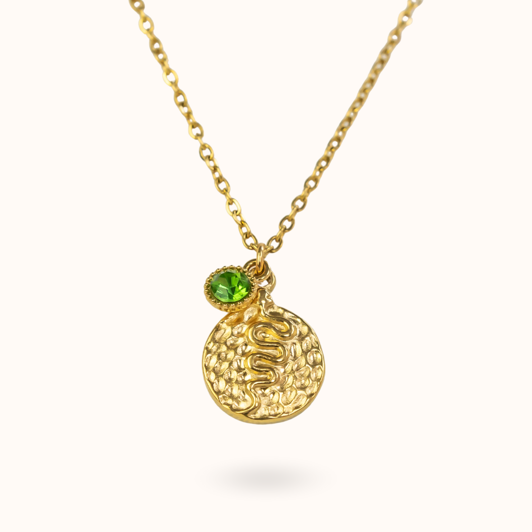 Geburtsstein-Halskette mit Schlangenmünze aus Gold