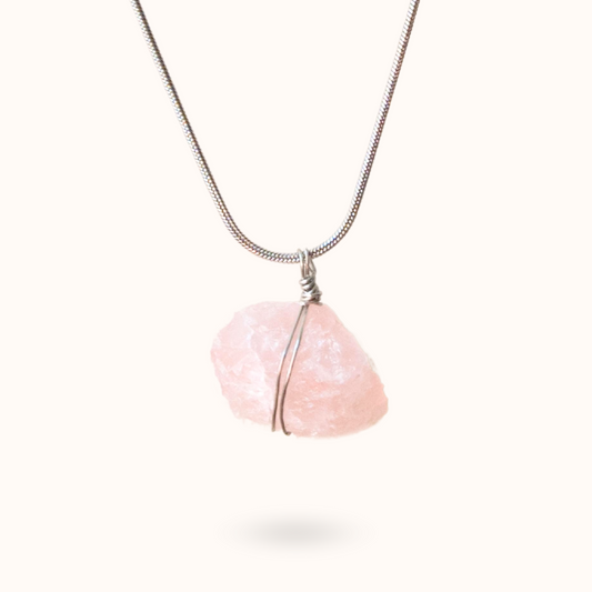 Rose Quartz Raw Stone Necklace Silver