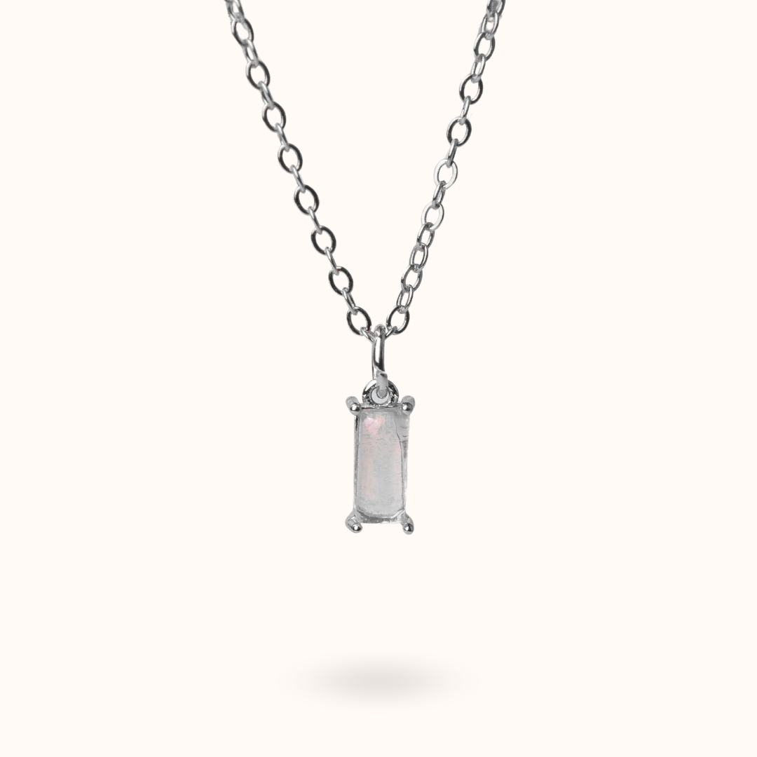 Fine Line Necklace Rose Quartz Rectangle Silver