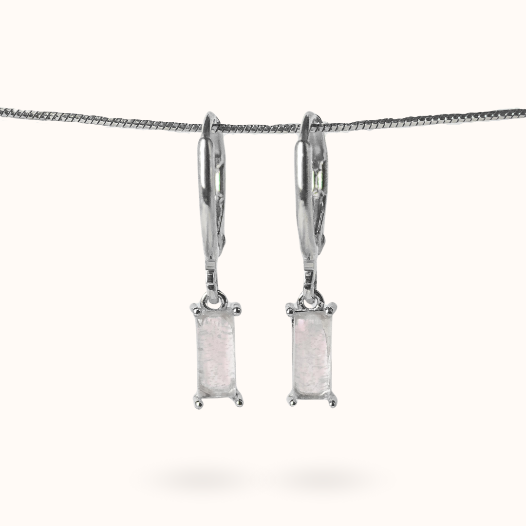 Fine Line Earrings Rose Quartz (Love) Rectangle Silver