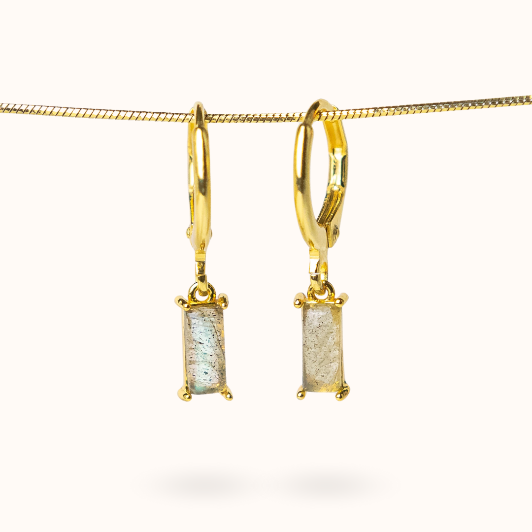 Fine Line Earrings Labradorite Rectangle Gold