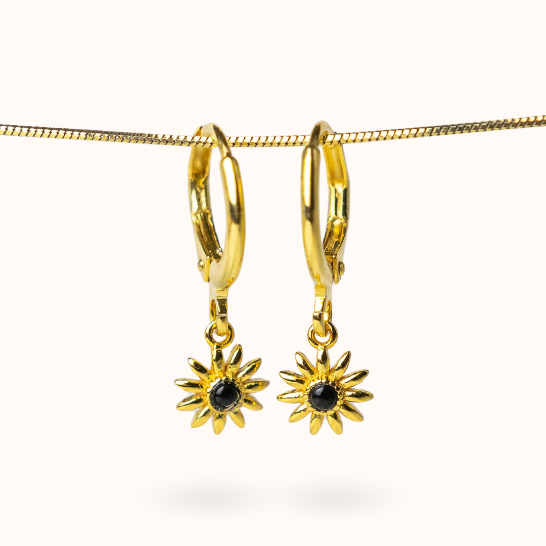 Fine Line Earrings Onyx Flower Gold