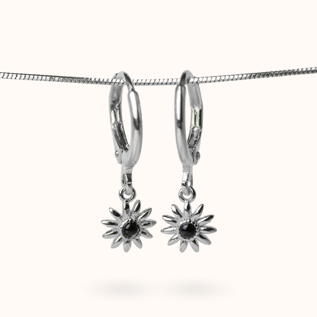 Fine Line Earrings Onyx Flower Silver