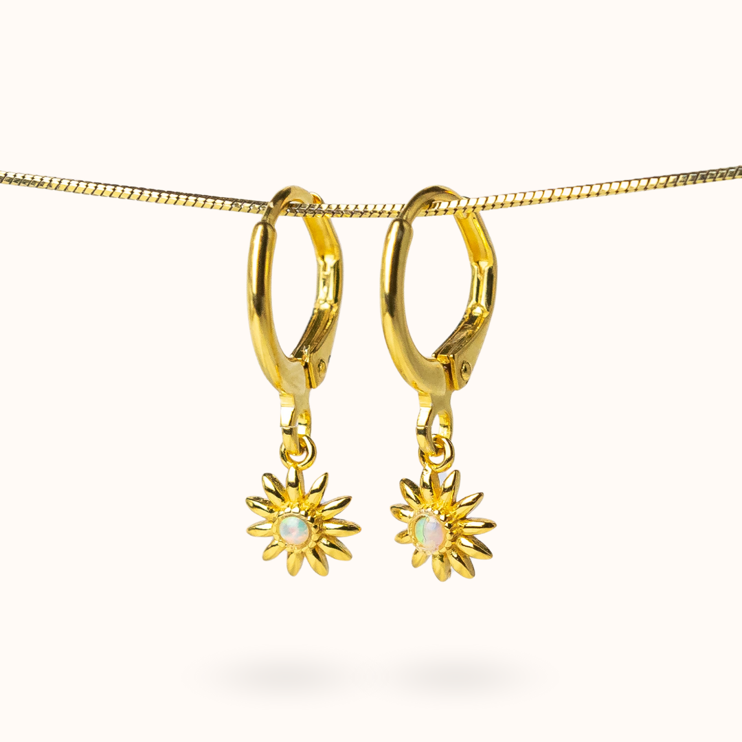 Fine Line Earrings Opal Flower Gold