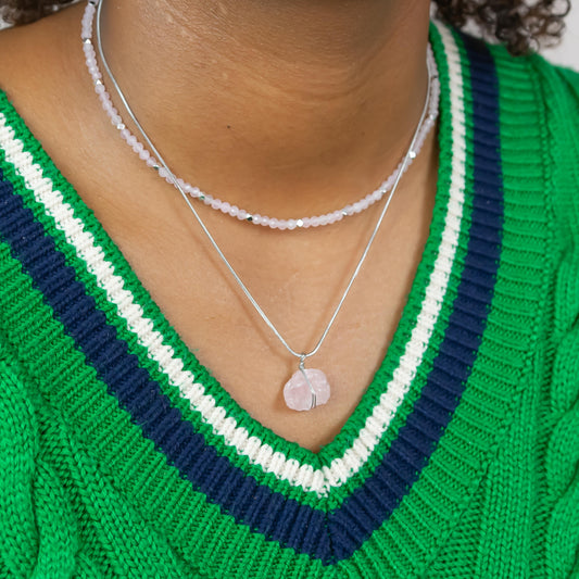 Rose Quartz Raw Stone Necklace Silver