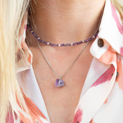 Gemstone Necklace Raw Amethyst Stone Silver